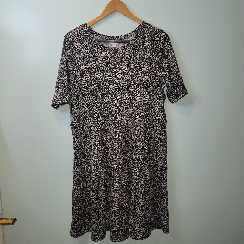 LC Lauren Conrad Women's Ribbed Short Sleeve Dress Black Pink Cream Size XL